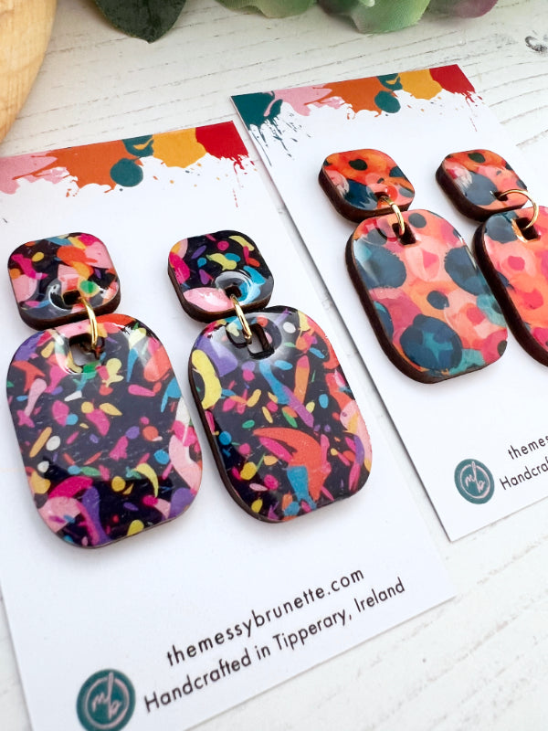 Multi Coloured Confetti Party Earrings in 2 Styles | Bars and Hearts
