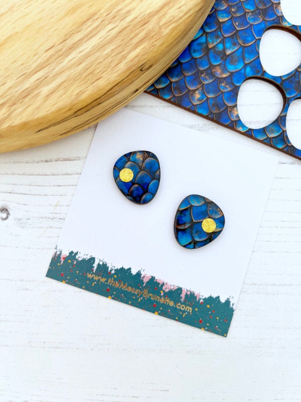 Navy Blue Mermaid Scale Statement Stud Earrings