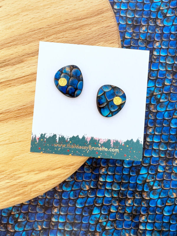 Navy Blue Mermaid Scale Statement Stud Earrings