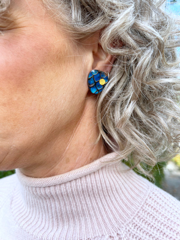 Navy Blue Mermaid Scale Statement Stud Earrings