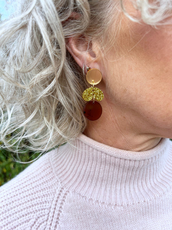 Tortoise Shell Brown and Gold Glitter Pebble Drop Earrings