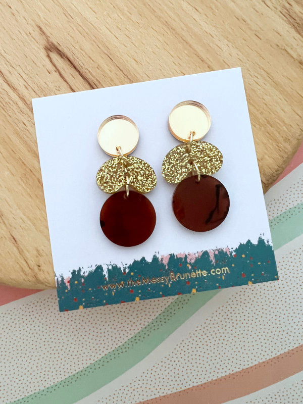 Tortoise Shell Brown and Gold Glitter Pebble Drop Earrings