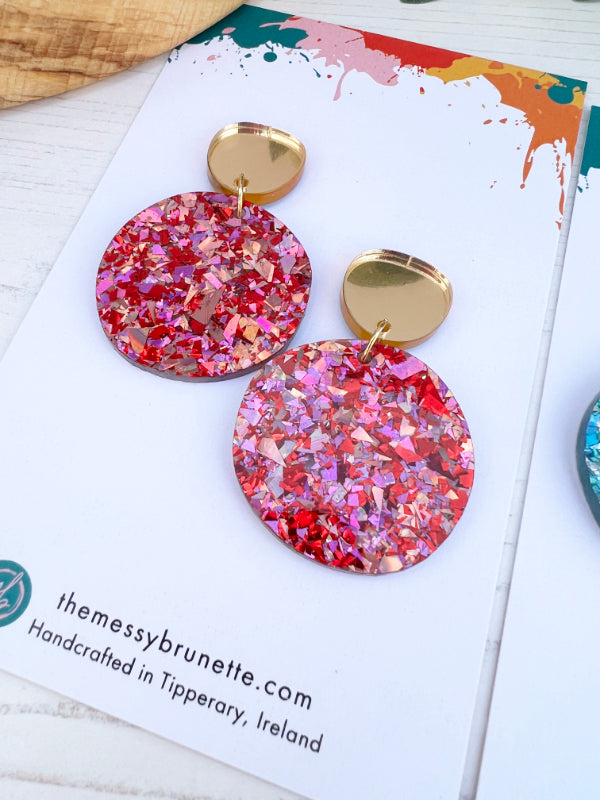 Sparkly Disco Dot Earrings in red and pink