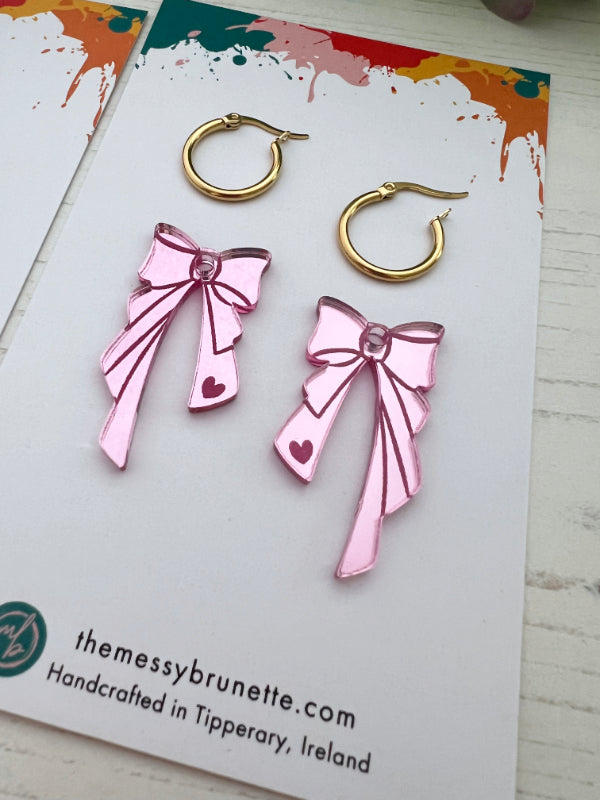 Pink Ribbon Earrings with Studs or Hoops