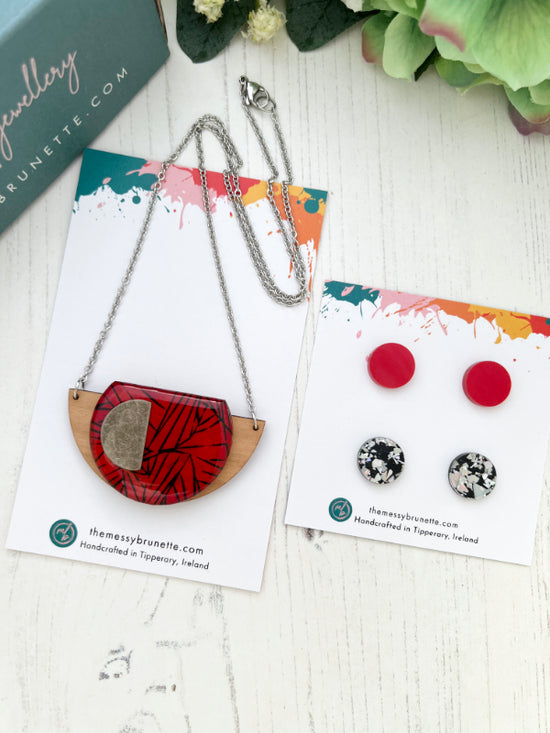 Geometric Red & Black Necklace with Studs Gift Set