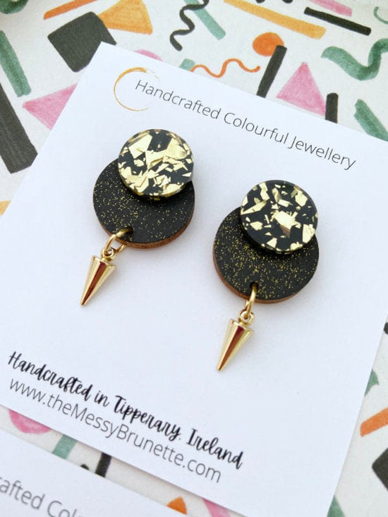 Black & Gold Glitter Round Dot Studs Lasercut Round Dots Gold Pair WITH Spike The Messy Brunette