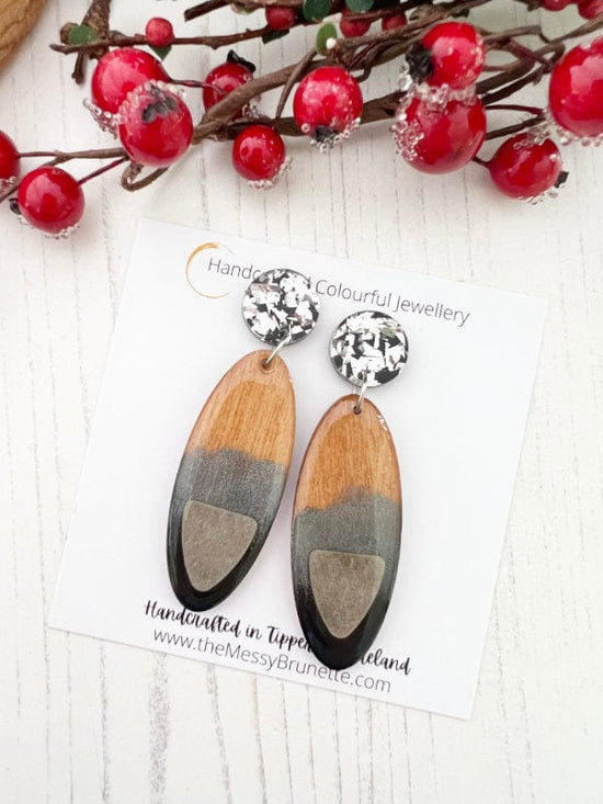 Black & Silver Long Dangle Wood Earrings earrings TheMessyBrunette