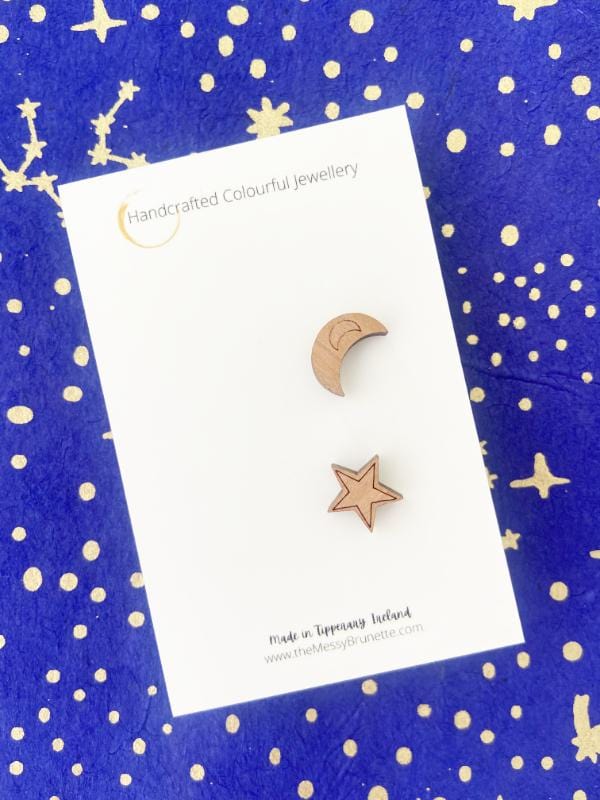 Celestial Jewellery Set | Moon Brooch Pin & Mini Studs