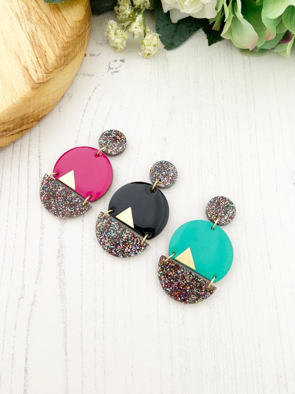 Sparkle Dangle Earrings in Black, Green & Pink Lasercut Glitter Balloons The Messy Brunette