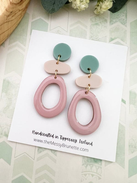 Stacked Oval Drop Earrings in 3 Colourways Earrings Mauve Ovals on Green Studs The Messy Brunette