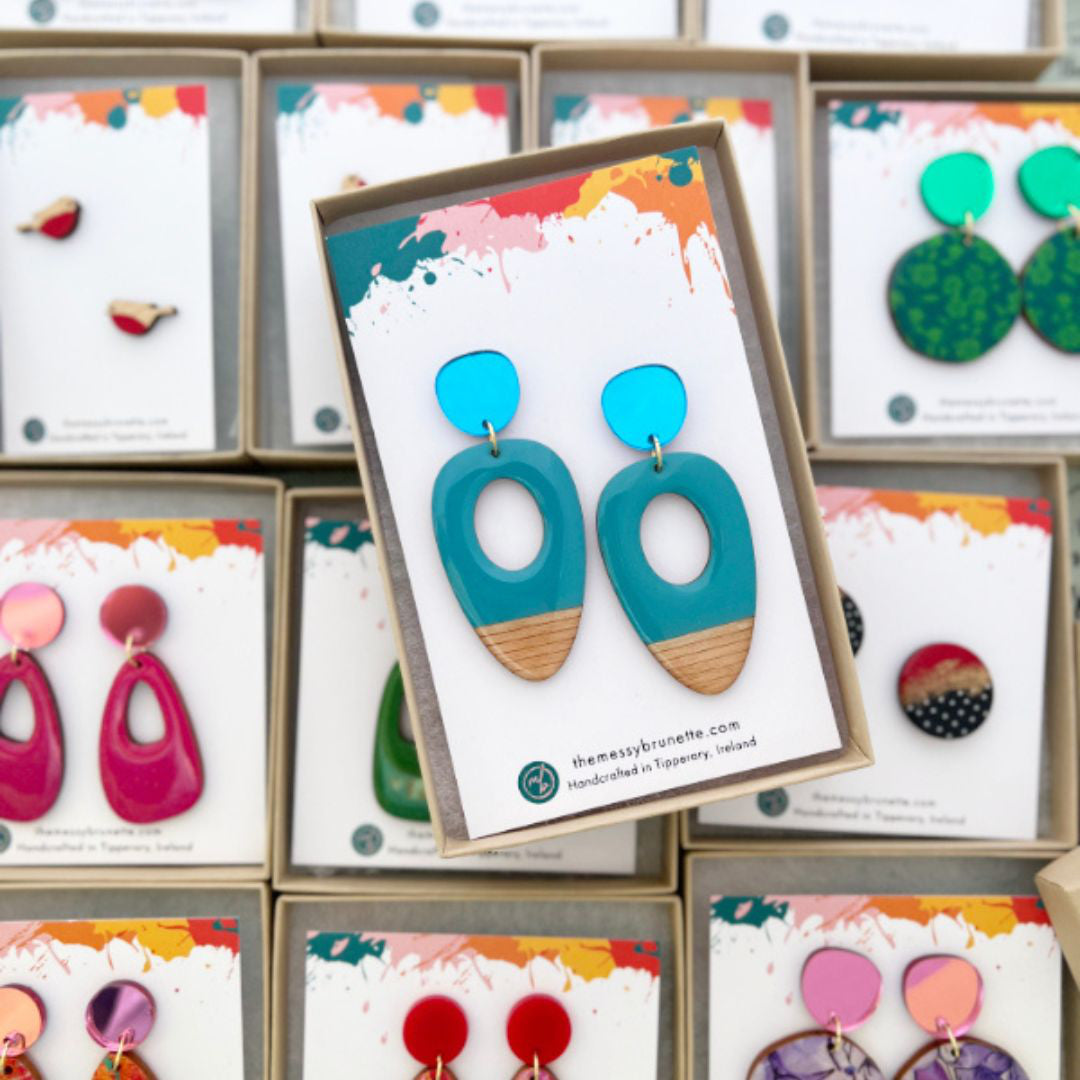 turquioise hand painted long drop earrings
