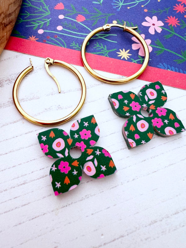 floral colourful petal earrings on hoops made by Irish Jewellery Designer The Messy Brunette in Tipperary Ireland