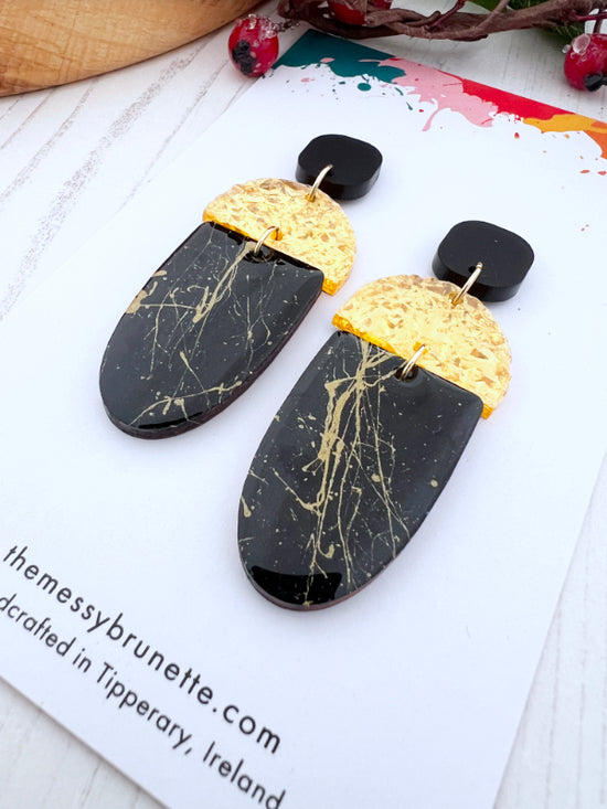 Long Drop Black & Gold Splash Earrings