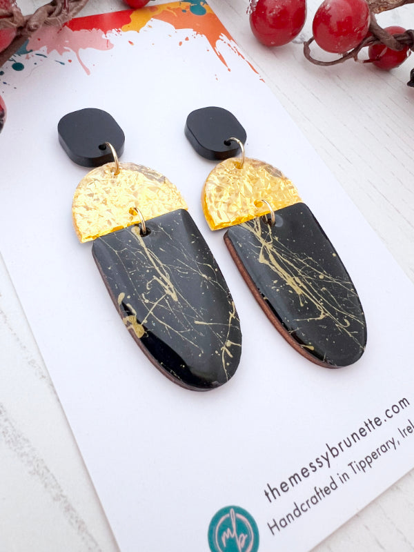 Long Drop Black & Gold Splash Earrings