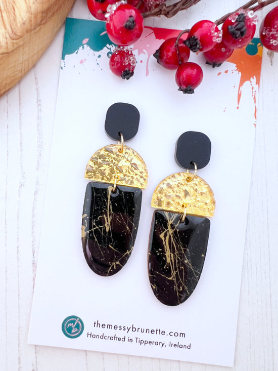 Long Drop Black & Gold Splash Earrings