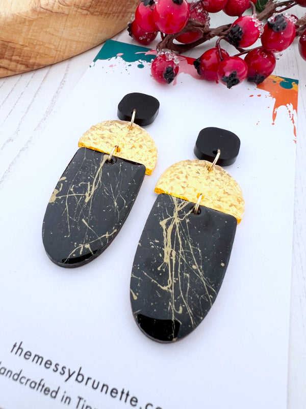 Long Drop Black & Gold Splash Earrings