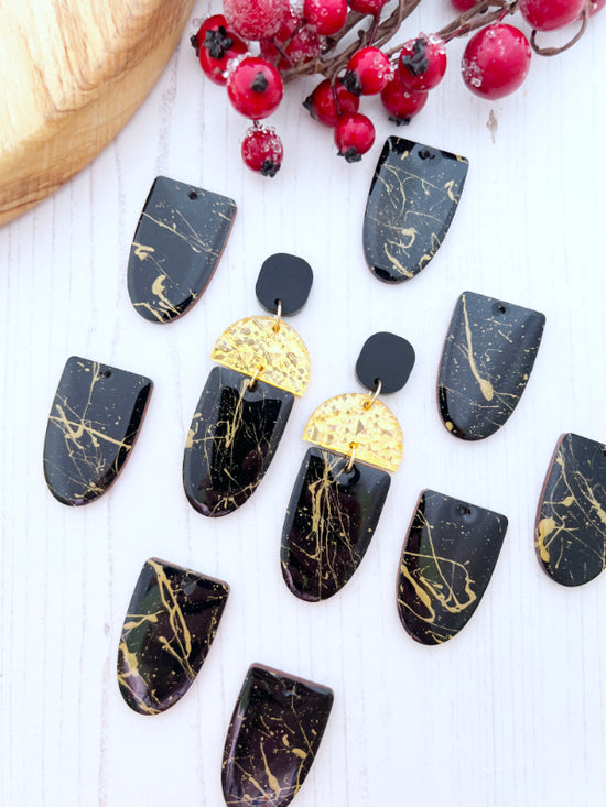 Long Drop Black & Gold Splash Earrings