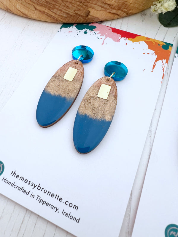 Long Oval Candy Drop Earrings in Blue + Mauve Pink