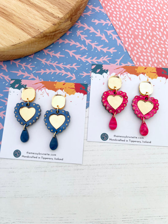 Heart Shaped Earrings in Blue and Pink