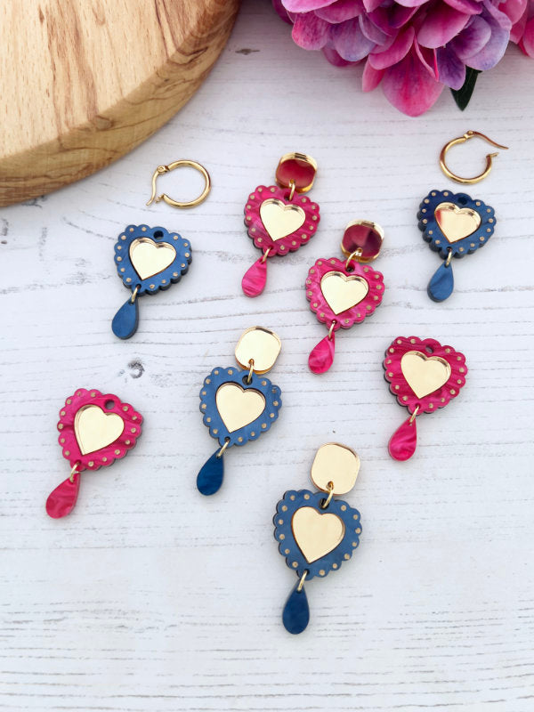 Heart Shaped Earrings in Blue and Pink