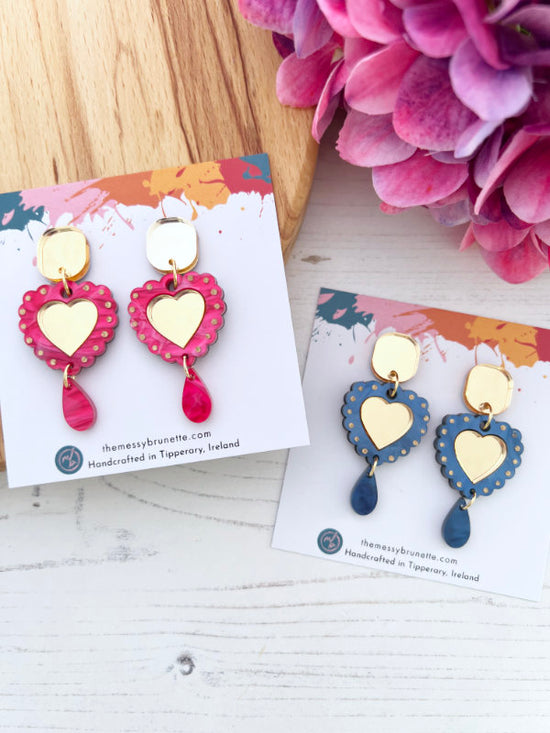 Heart Shaped Earrings in Blue and Pink