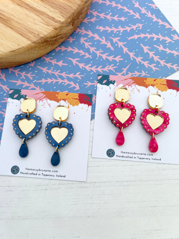 Heart Shaped Earrings in Blue and Pink