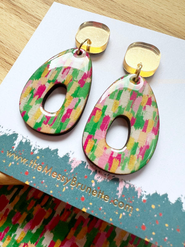 Brush Stroke Green and Pink Earrings