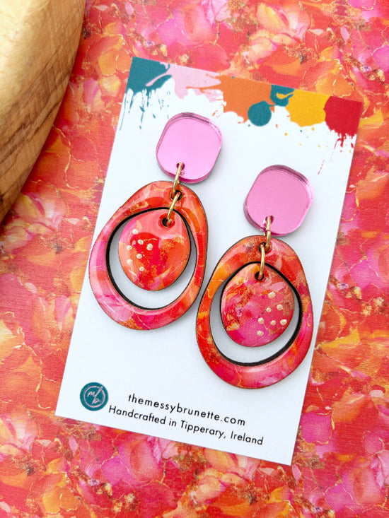 Pink and Orange Alcohol Ink Circle Earrings