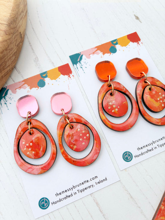 Pink and Orange Alcohol Ink Circle Earrings