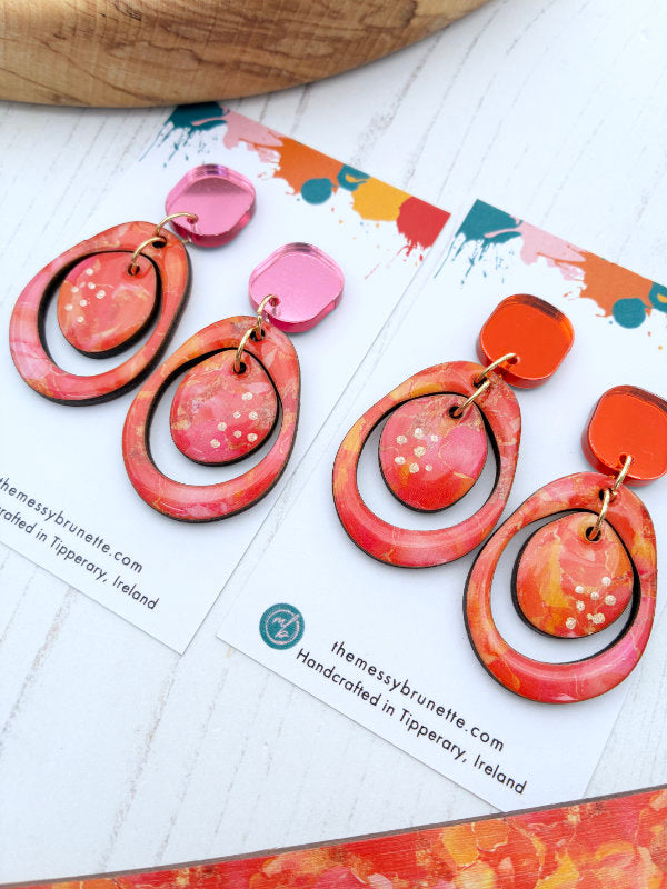 Pink and Orange Alcohol Ink Circle Earrings
