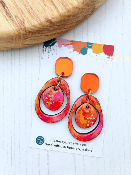 Pink and Orange Alcohol Ink Circle Earrings