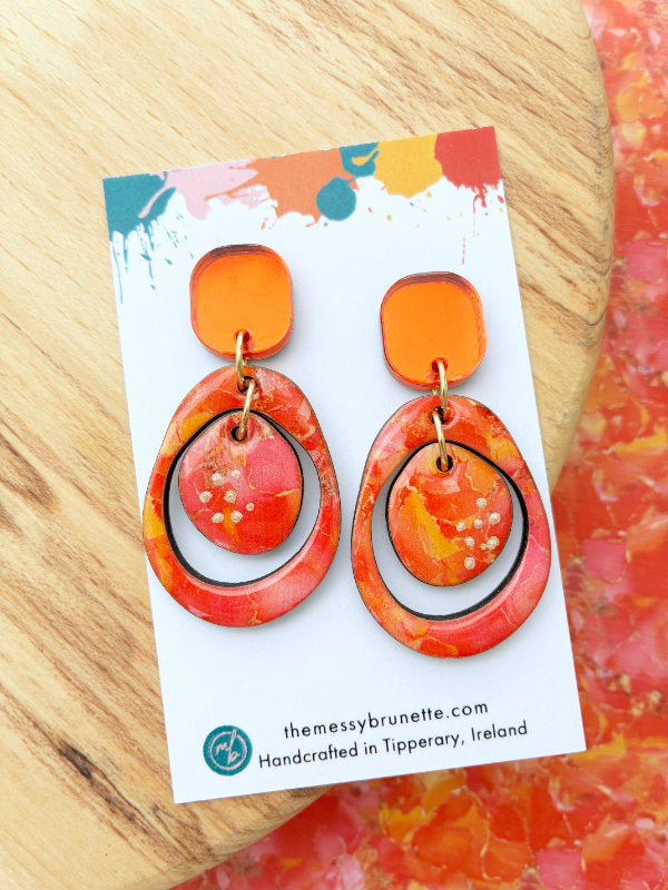 Pink and Orange Alcohol Ink Circle Earrings