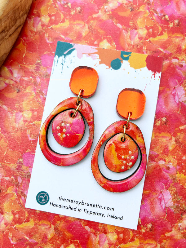 Pink and Orange Alcohol Ink Circle Earrings