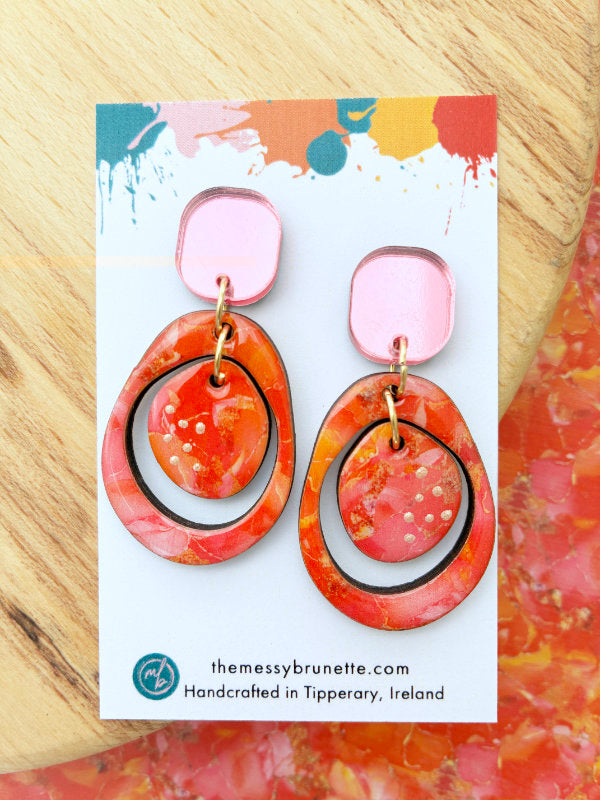 Pink and Orange Alcohol Ink Circle Earrings