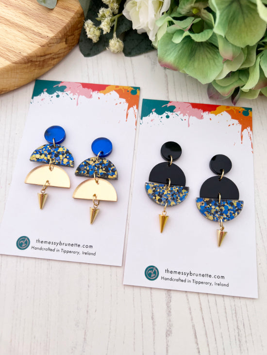 Load image into Gallery viewer, Disco Confetti Earrings | Dancing Ladies in Blue, Gold &amp;amp; Black
