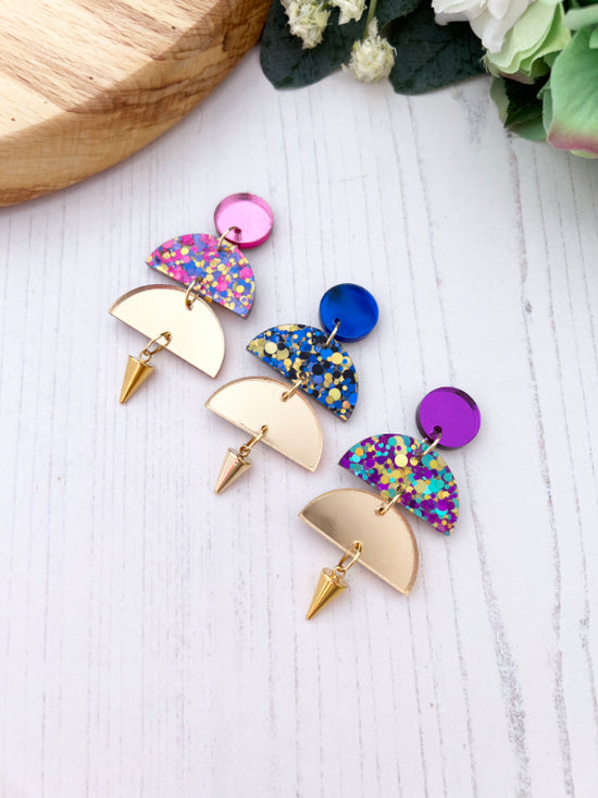 Load image into Gallery viewer, Disco Confetti Earrings | Dancing Ladies in Blue, Gold &amp;amp; Black

