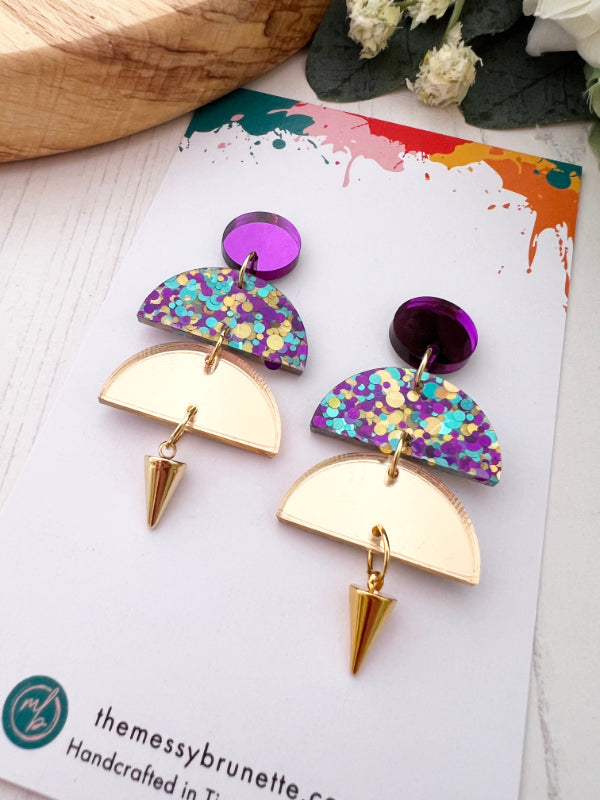 Load image into Gallery viewer, Disco Confetti Earrings in Violet, Green &amp;amp; Gold
