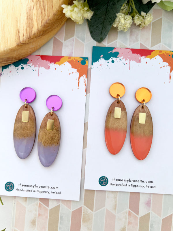 Long Oval Drop Candy Earrings in Coral and Lavender