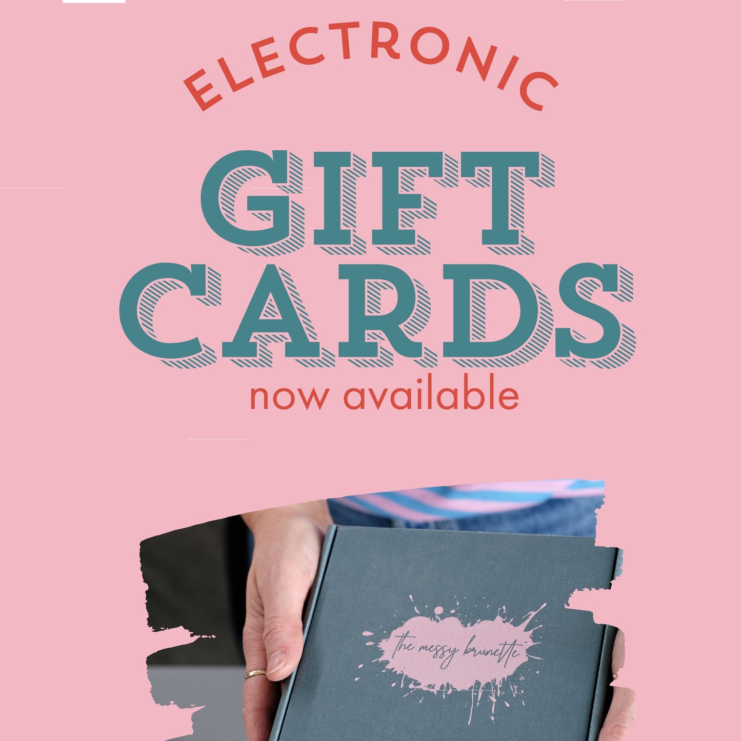 Promotional graphic for electronic gift cards with a hand holding a blue gift card against a pink background.