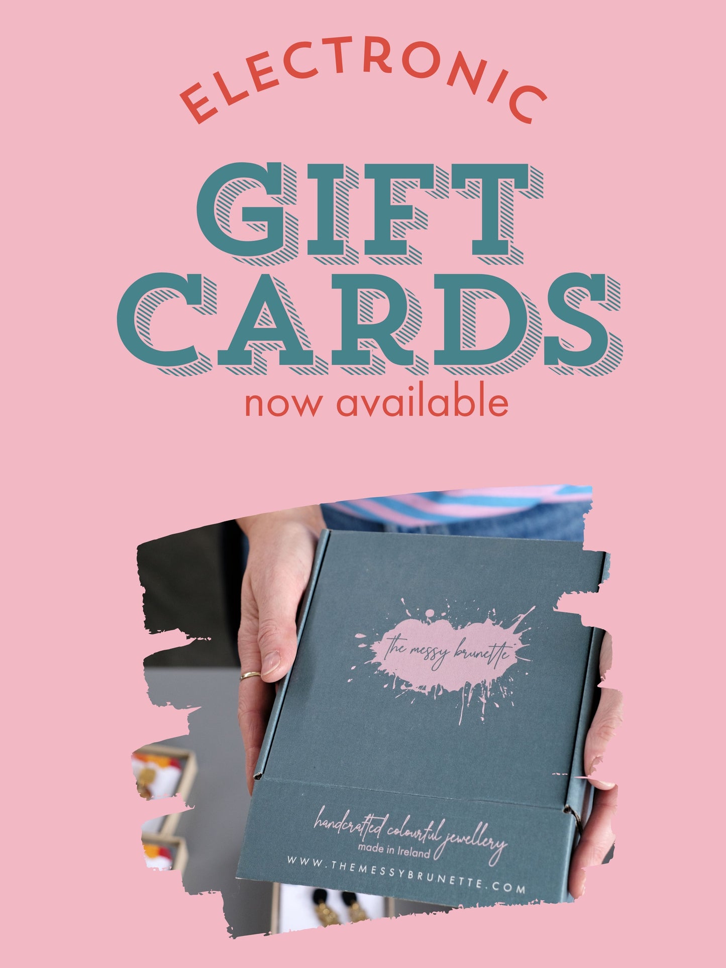 Promotional graphic for electronic gift cards with a hand holding a gift card holder on a pink background.