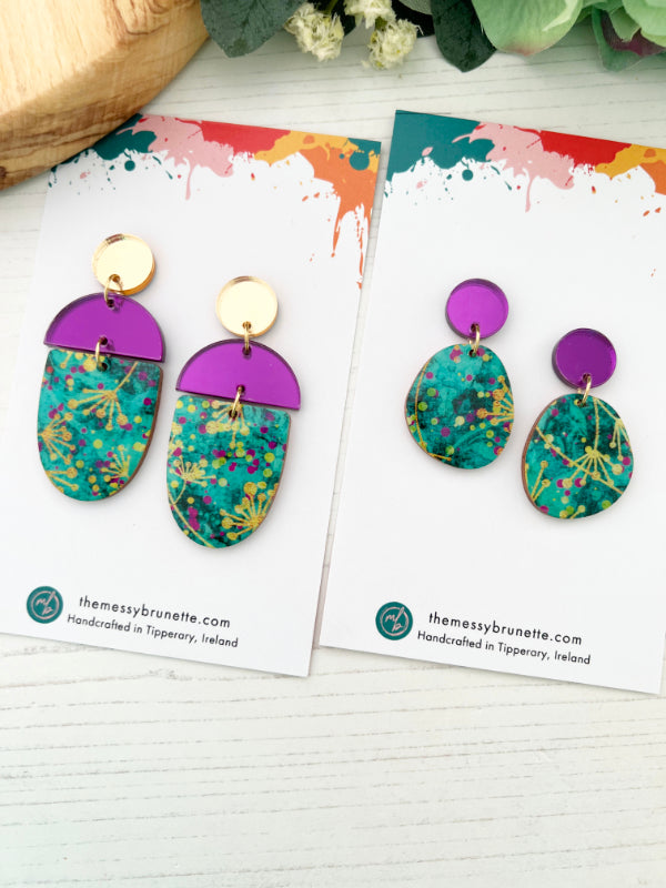 Load image into Gallery viewer, Abstract Flower Earrings in Green, Gold and Purple | 3 Styles
