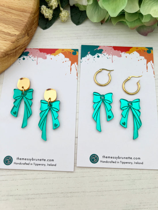 Bow Bow Earrings in Green with Studs or HoopsEarrings in Pink with Studs or Hoops