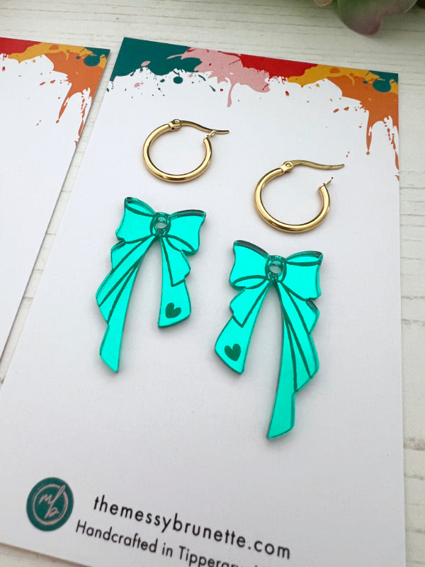 Bow EarrBow Earrings in Green with Studs or Hoopsings in Pink with Studs or Hoops