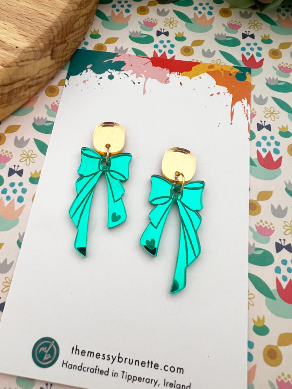 Bow EarrinBow Earrings in Green with Studs or Hoopsgs in Pink with Studs or Hoops