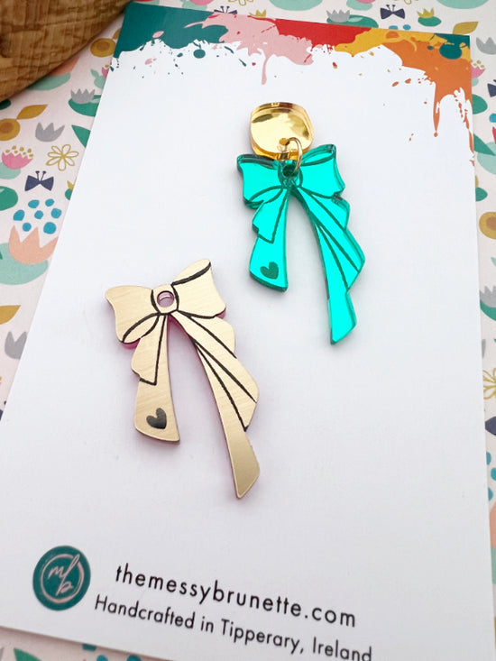 Bow EarringsBow Earrings in Green with Studs or Hoops in Pink with Studs or Hoops