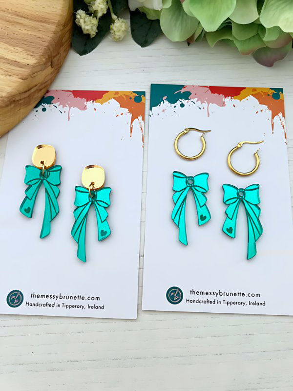 Bow Earrings in Green with Studs or Hoops