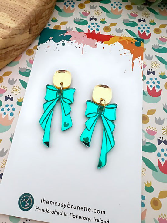 Bow Earrings in Green with Studs or Hoops