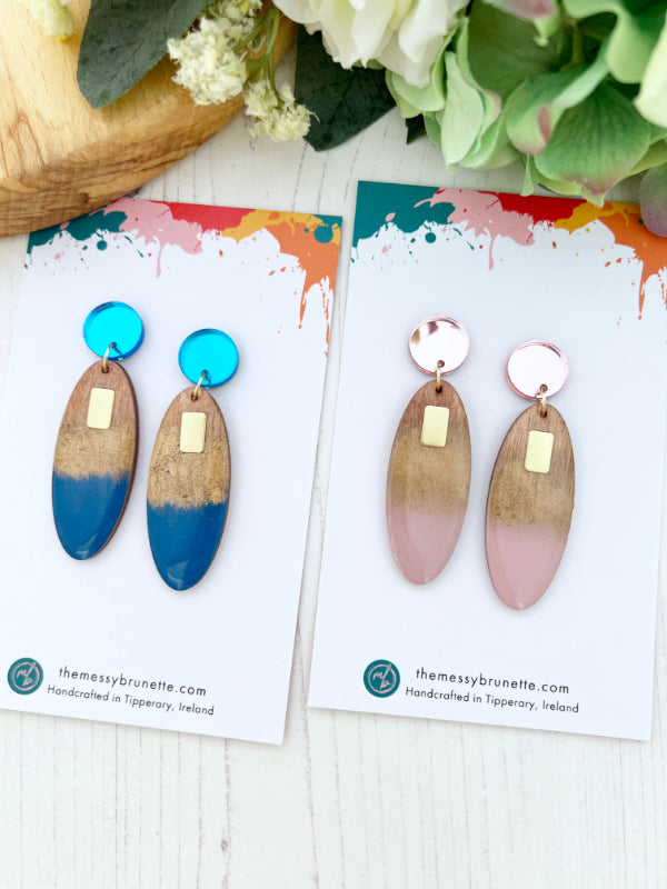 Long Oval Candy Drop Earrings in Blue + Mauve Pink