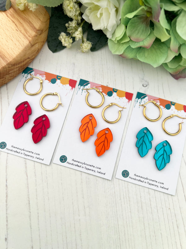 Leaf Hoop Earrings in Green, Red and Orange
