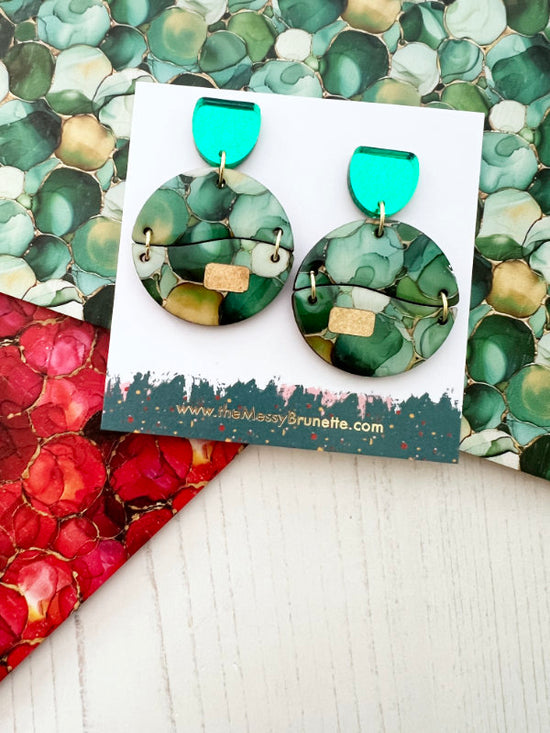 Alcohol Ink Earrings in Green and Red Inks